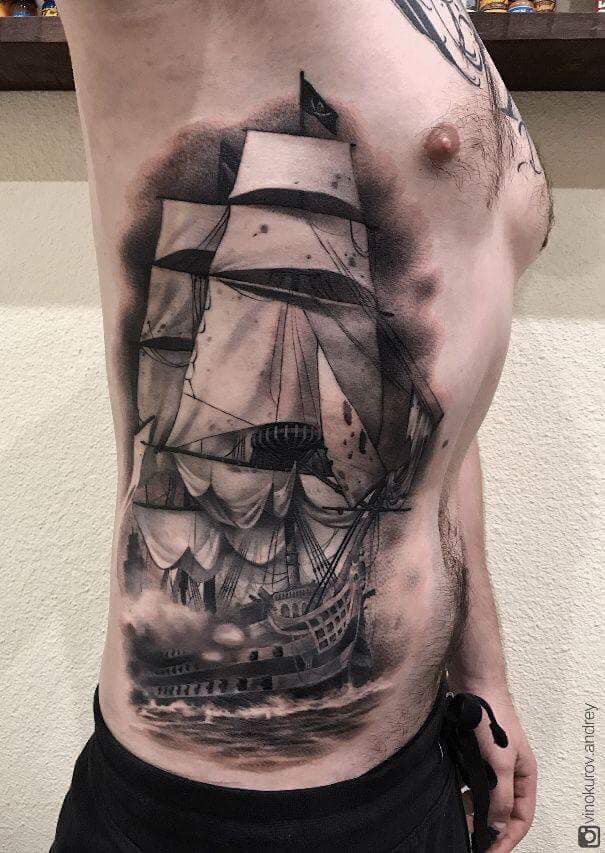 Schiff auf Bauchseite Black and Grey Tattoo