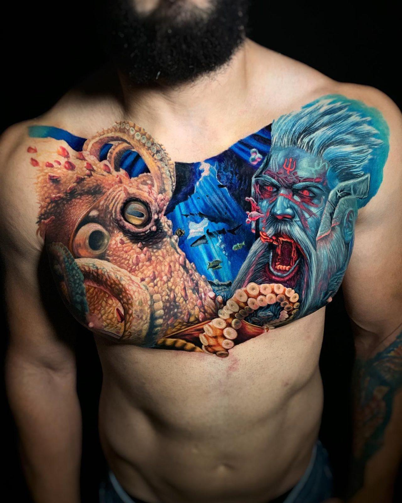 Thor und Octopus Color Tattoo