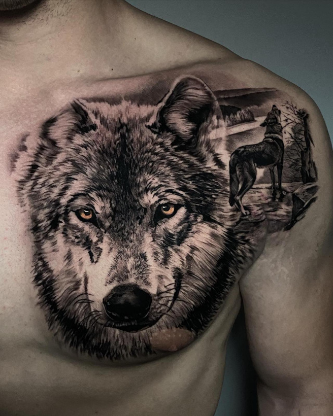 Wolf auf Brust Black and Grey Tattoo